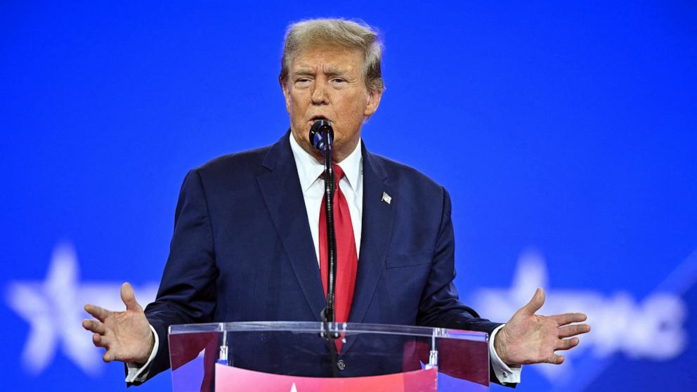 PHOTO: Former President and 2024 presidential hopeful Donald Trump speaks during the annual Conservative Political Action Conference (CPAC) meeting on Feb. 24, 2024, in National Harbor, Maryland.