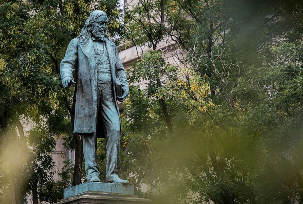 PHOTO: The statue of Confederate General Albert Pike is seen in Washington, Oct. 10, 2017. Pike was a northerner who fought for the confederacy as a brigadier general.
