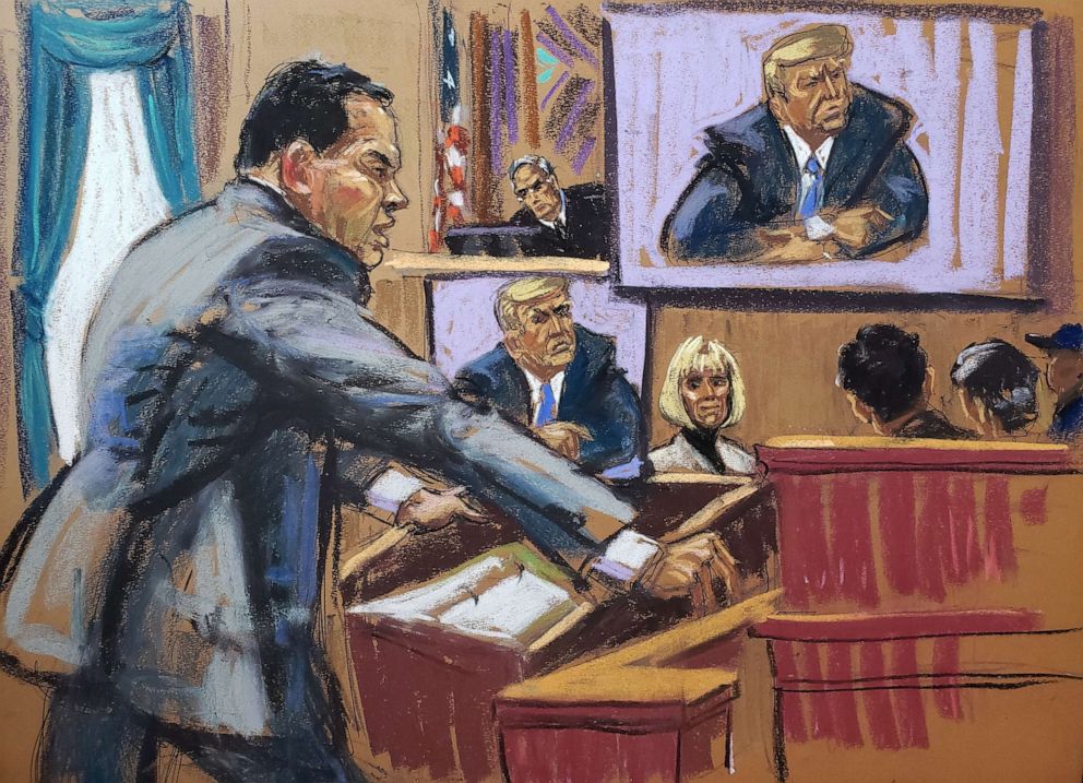 PHOTO: Joe Tacopina, lawyer of former President Trump, makes closing arguments during a trial where E. Jean Carroll accuses Trump of raping her in a department store dressing room in the 1990s, and of defamation, May 8, 2023 in this courtroom sketch.