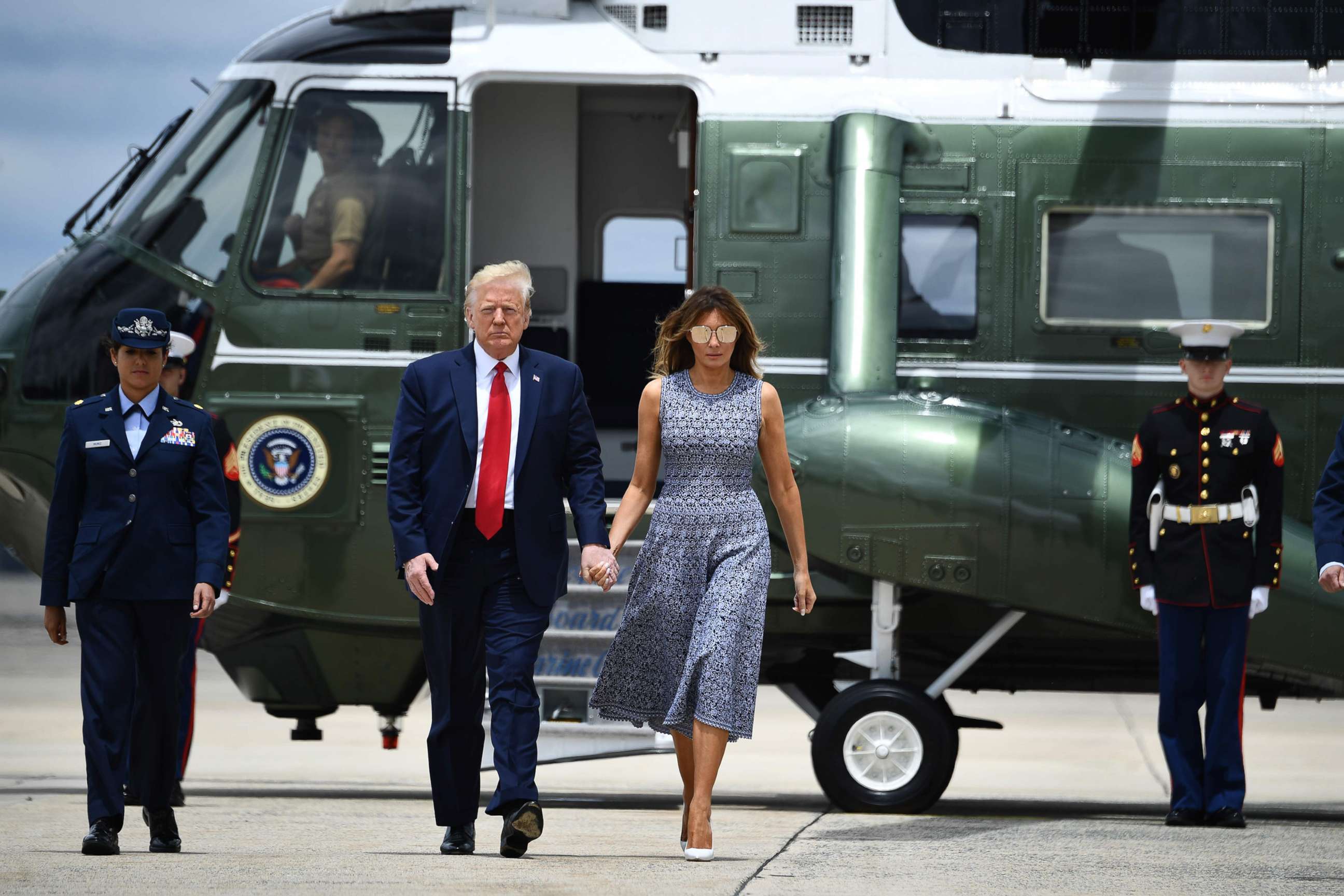 PHOTO: President Donald Trump and first lady Melania Trump board Air Force One at Joint Base Andrews in Maryland, May 27, 2020. President Trump headed to the Kennedy Space Center in Florida to attend the launch of SpaceX's historic first crewed launch.