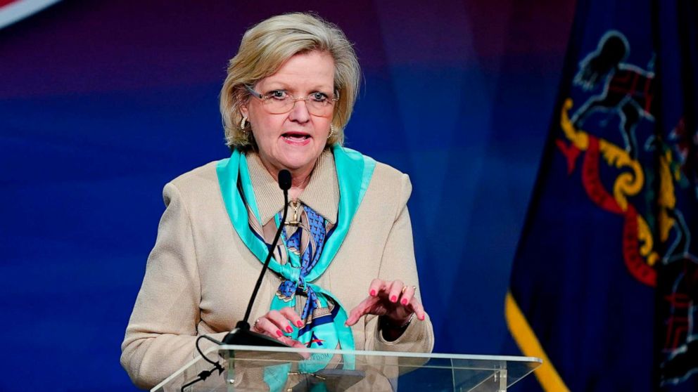 PHOTO: Cleta Mitchell speaks at the Pennsylvania Leadership Conference in Camp Hill, Pa., April 1, 2022.