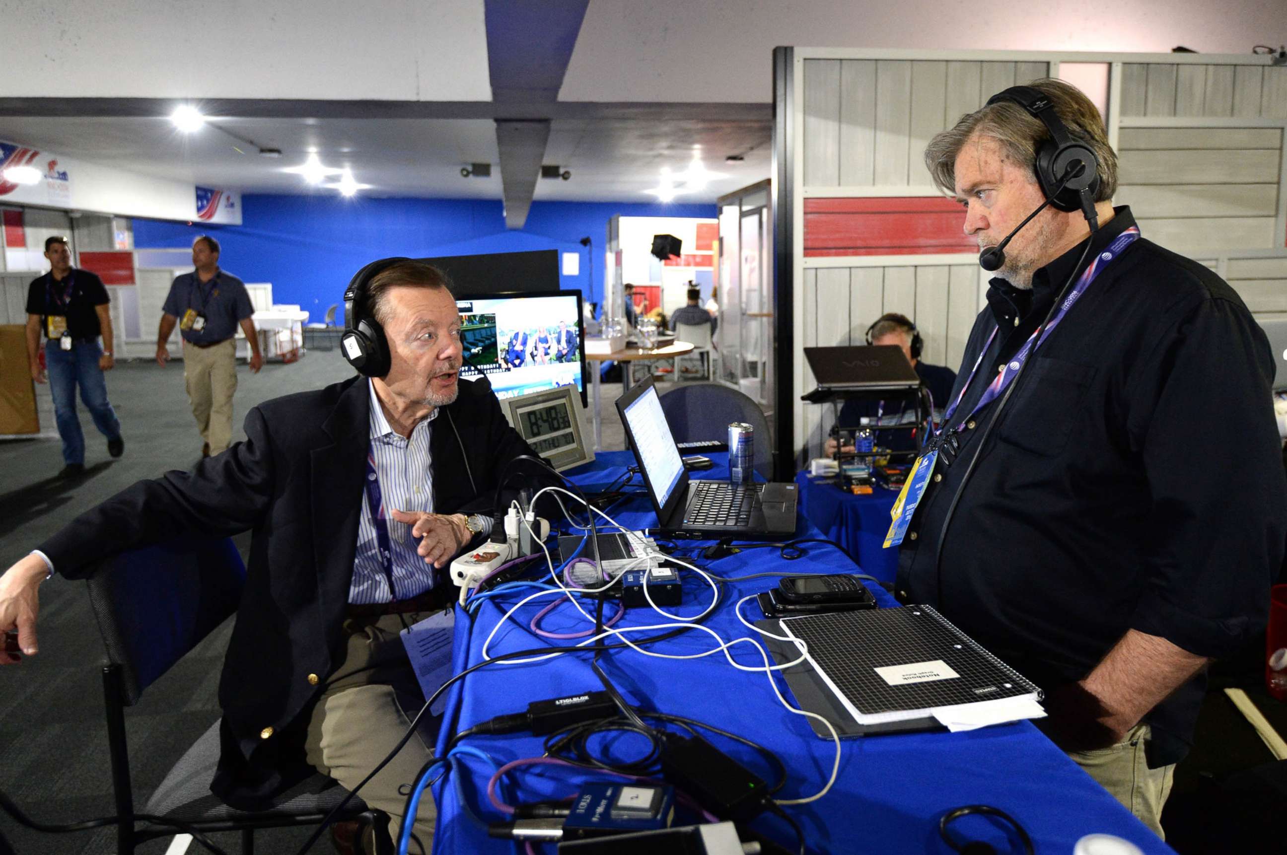 PHOTO: Steve Bannon works during an interview in an episode of Brietbart New Daily on SiriusXM Patriot in Cleveland, July 21, 2016.