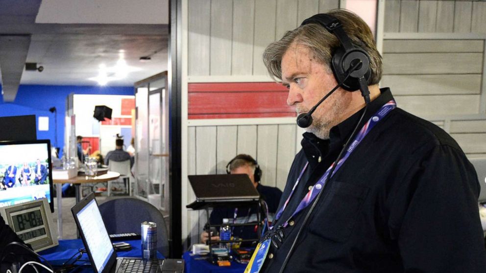 PHOTO: Steve Bannon works during an interview in an episode of Brietbart New Daily on SiriusXM Patriot in Cleveland, July 21, 2016.