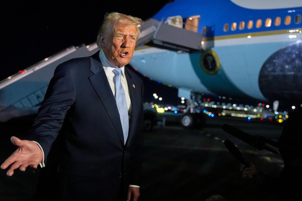 PHOTO: President Donald Trump speaks to reporters before boarding Air Force One at Palm Beach International Airport in West Palm Beach Fla., on his way back to the White House, Sunday, Nov. 16, 2025.