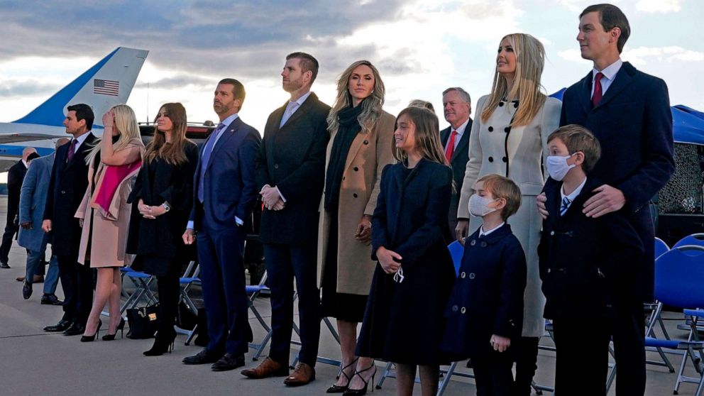 PHOTO: Ivanka Trump, Jared Kushner, their children, Eric Trump, Donald Trump Jr. and Trump family members stand on the tarmac at Joint Base Andrews in Maryland, Jan. 20, 2021.