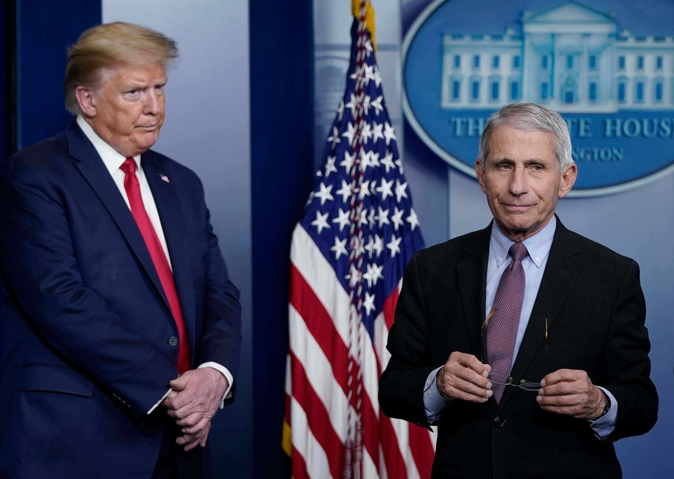 PHOTO: Dr. Anthony Fauci, director of the National Institute of Allergy and Infectious Diseases, and President Donald Trump participate in the daily coronavirus task force briefing at the White House, April 22, 2020, in Washington, DC.