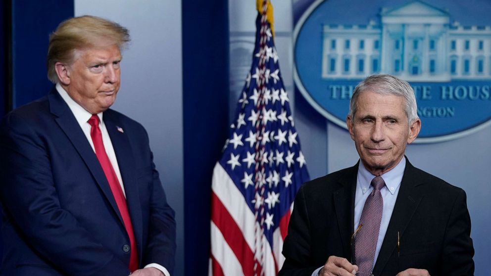 PHOTO: Dr. Anthony Fauci, director of the National Institute of Allergy and Infectious Diseases, and President Donald Trump participate in the daily coronavirus task force briefing at the White House, April 22, 2020, in Washington, DC.