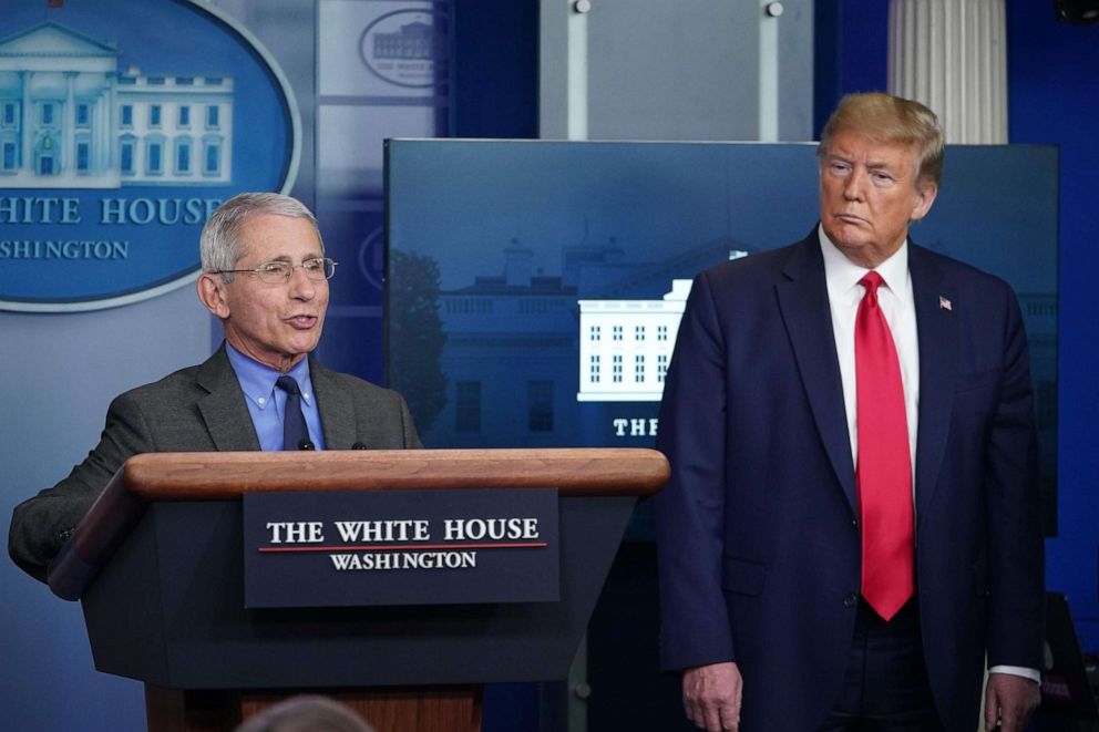 PHOTO: Director of the National Institute of Allergy and Infectious Diseases Anthony Fauci speaks as President Donald Trump listens during the daily briefing on the novel coronavirus, which causes COVID-19, at the White House, April 13, 2020.