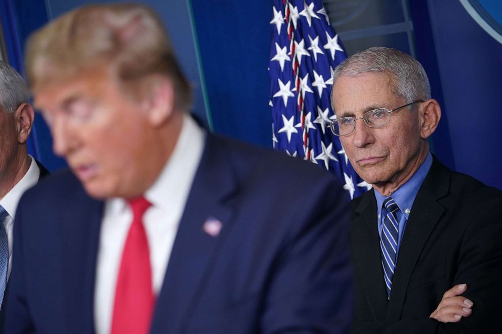 PHOTO: Director of the National Institute of Allergy and Infectious Diseases Anthony Fauci listens as President Donald Trump speaks during the daily briefing on the novel coronavirus at the White House, March 24, 2020, in Washington.