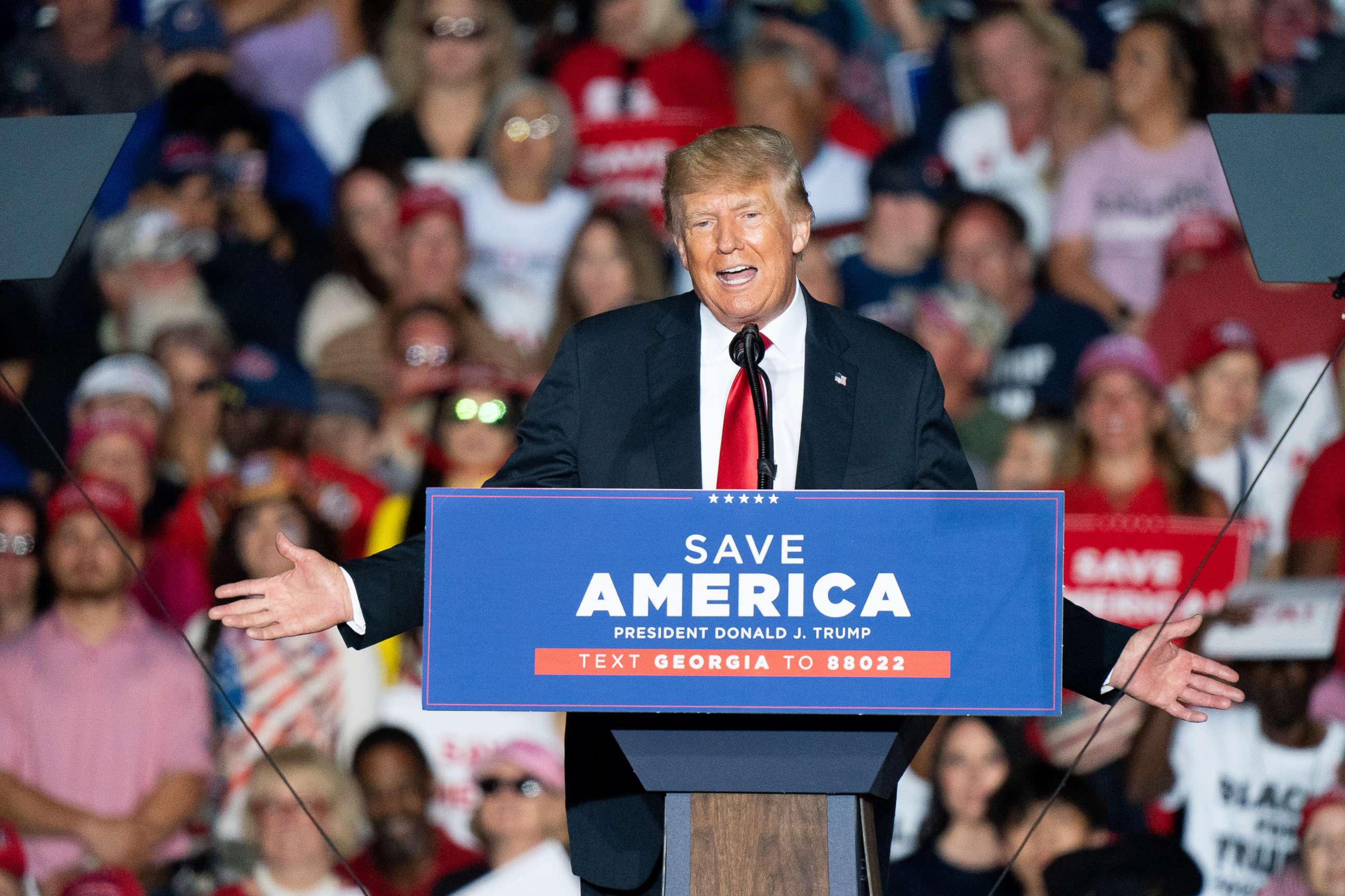 PHOTO: Former President Donald Trump speaks at a rally on Sept. 25, 2021 in Perry, Ga.