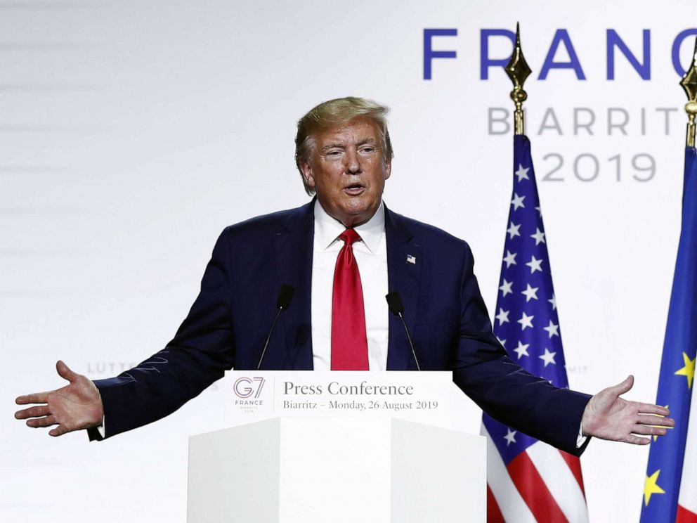 PHOTO: President Donald J. Trump speaks during a press conference on the closing day of the G7 summit in Biarritz, France, August 26, 2019.