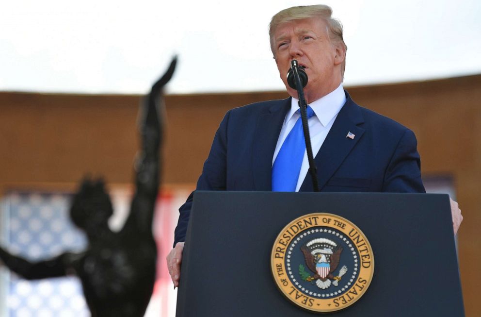 PHOTO: President Donald Trump delivers a speech during a French-US ceremony at the Normandy American Cemetery and Memorial in Colleville-sur-Mer, Normandy, France, June 6, 2019.