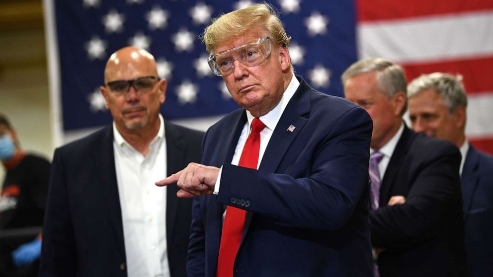 PHOTO: President Donald Trump participates in a tour of a Honeywell International plant that manufactures personal protective equipment in Phoenix, May 5, 2020.