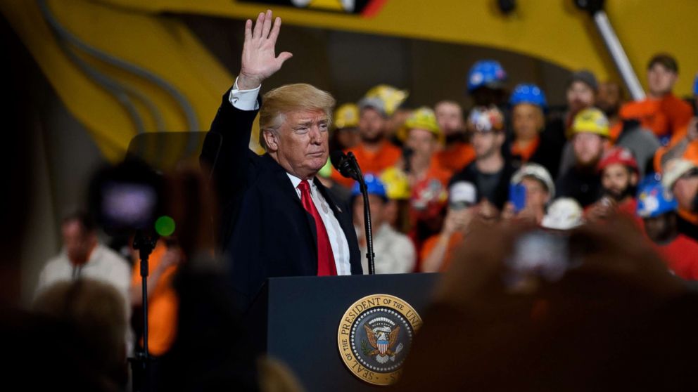 PHOTO: President Donald Trump speaks to a crowd gathered at the Local 18 Richfield Facility of the Operating Engineers Apprentice and Training, March 29, 2018, in Richfield, Ohio. 