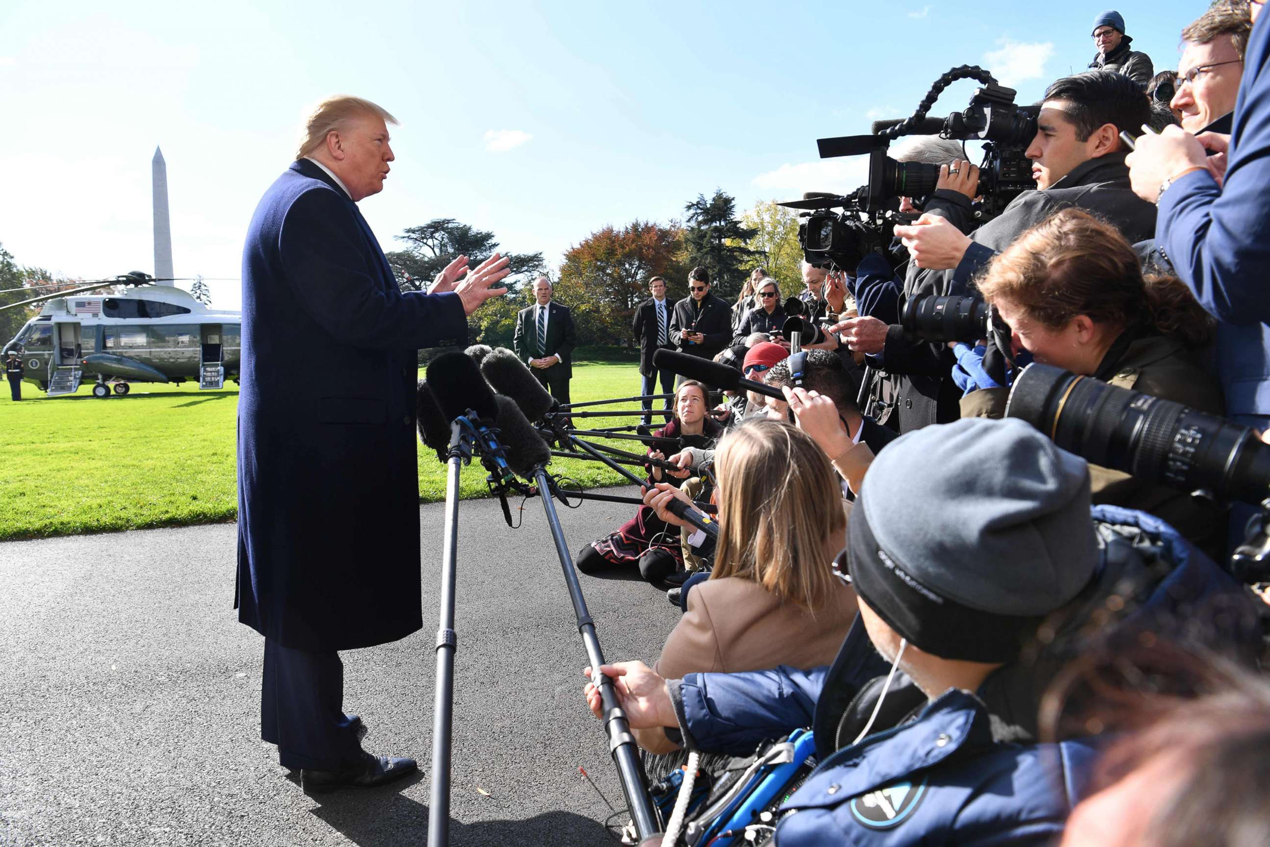 PHOTO: President Donald Trump speaks to the press before departing the White House in Washington, D.C., on Nov. 8, 2019.