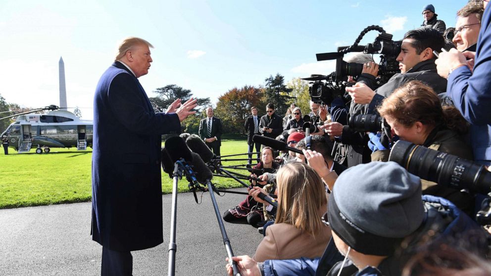 PHOTO: President Donald Trump speaks to the press before departing the White House in Washington, D.C., on Nov. 8, 2019.