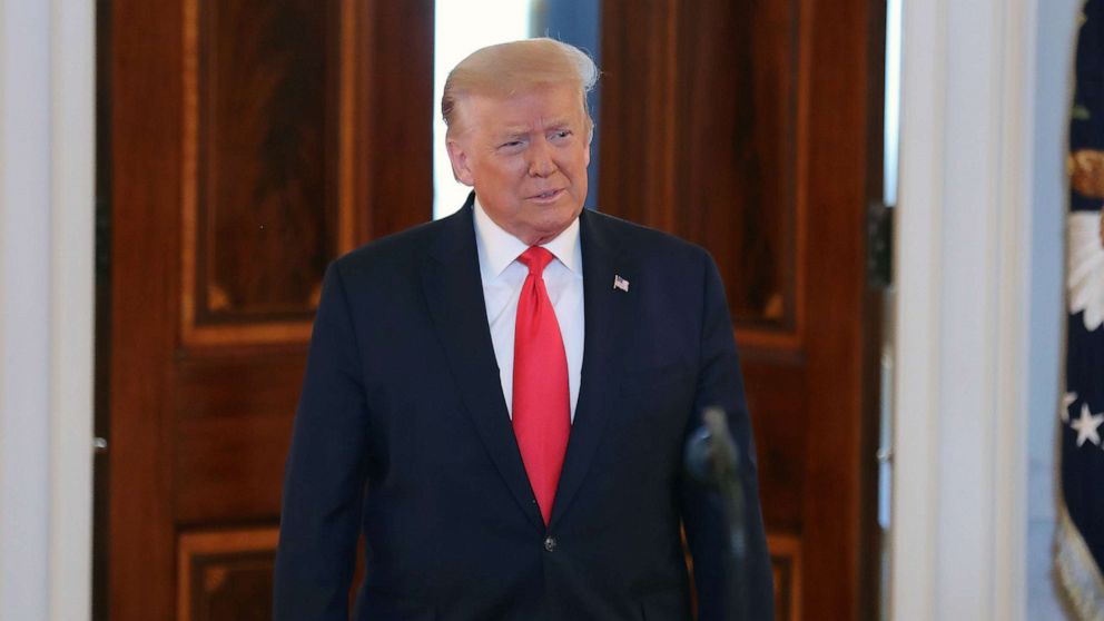 PHOTO: President Donald Trump arrives to deliver remarks during a Spirit of America Showcase in the Entrance Hall of the White House July 2, 2020 in Washington, D.C.