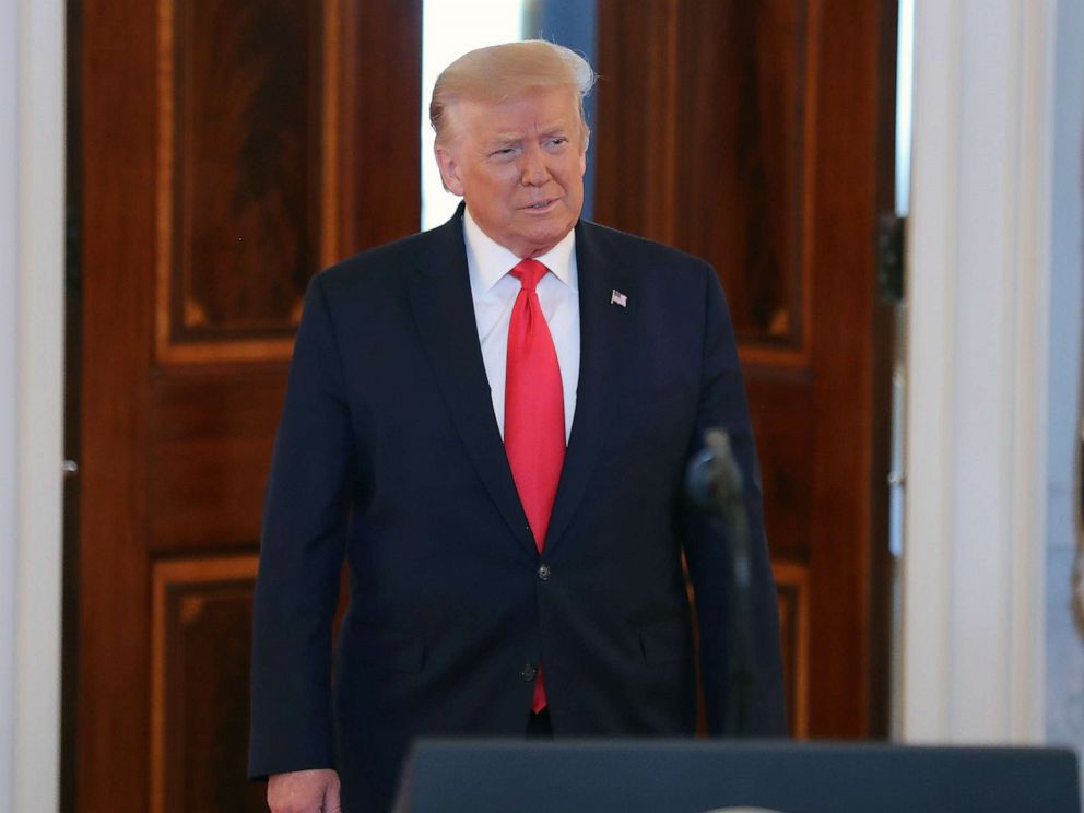 PHOTO: President Donald Trump arrives to deliver remarks during a Spirit of America Showcase in the Entrance Hall of the White House July 2, 2020 in Washington, D.C.