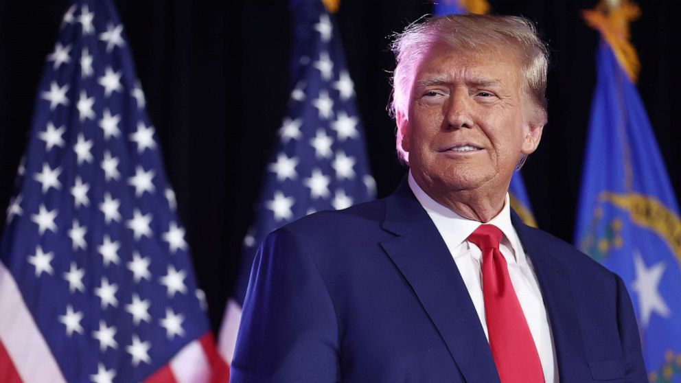 PHOTO: Former President and Republican presidential candidate Donald Trump prepares to deliver remarks at a Nevada Republican volunteer recruiting event, July 8, 2023, in Las Vegas.