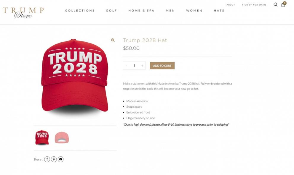PHOTO: President Donald Trump's official online store released a 'TRUMP 2028' hat, Apr. 24, 2025.