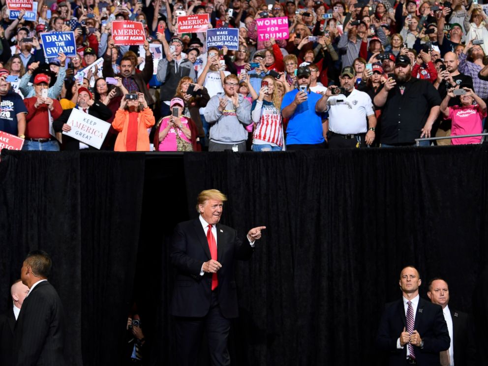 PHOTO: President Donald Trump arrives to speak at a rally in Council Bluffs, Iowa, on Tuesday, October 9, 2018.