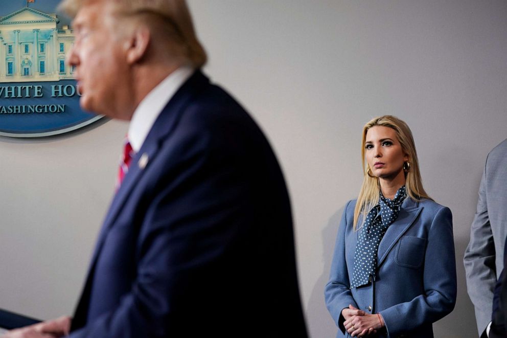 PHOTO: Ivanka Trump listens as President Donald Trump speaks during a coronavirus task force briefing at the White House, March 20, 2020, in Washington.