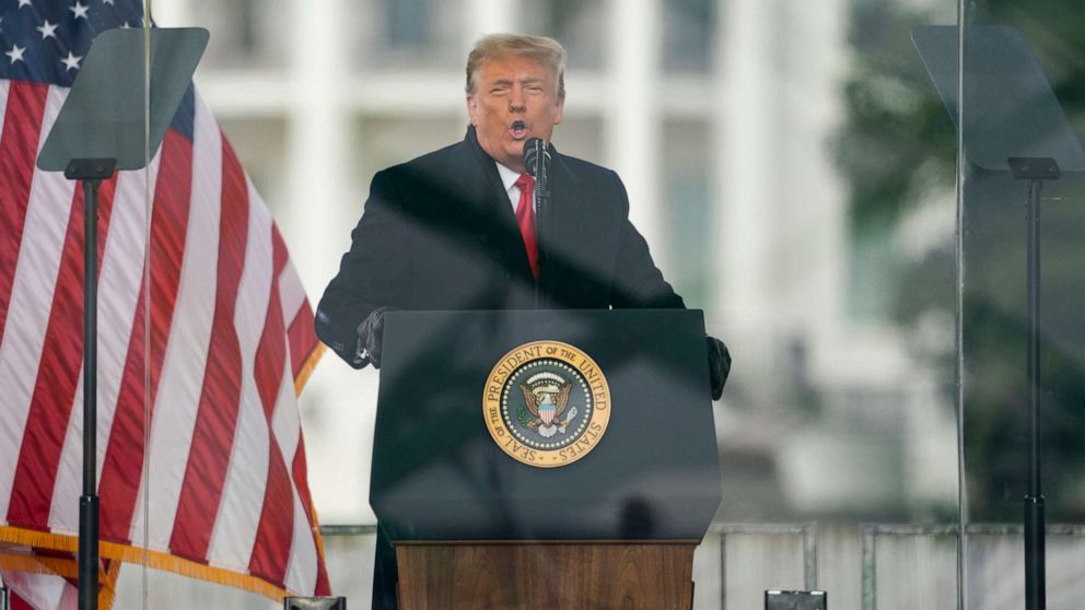 PHOTO: In this Jan. 6, 2021, file photo President Donald Trump speaks during a rally protesting the electoral college certification of Joe Biden as President in Washington, D.C.