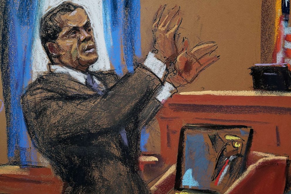 PHOTO: Joe Tacopina, lawyer of former U.S. President Donald Trump, makes opening statements during a civil trial in New York, April 25, 2023 in this courtroom sketch.