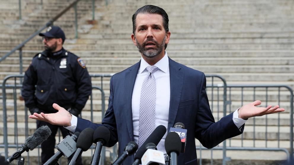 PHOTO: Former President Donald Trump's son and co-defendant, Donald Trump Jr., addresses the media as he leaves after attending the Trump Organization civil fraud trial, in New York State Supreme Court, New York City, Nov. 13, 2023.