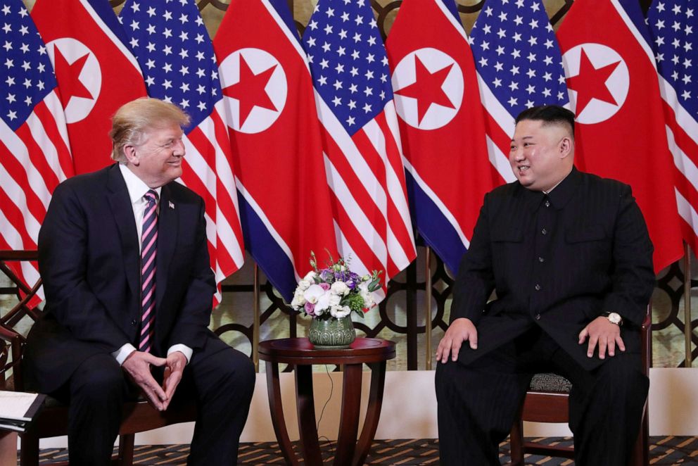 PHOTO: President Donald Trump and North Korean leader Kim Jong Un sit down before their one-on-one chat during the second U.S.-North Korea summit in Hanoi, Vietnam, Feb. 27, 2019.