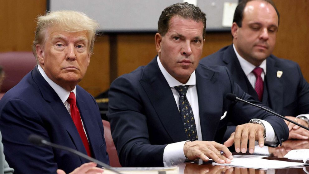 PHOTO:FILE - Former U.S. President Donald Trump sits in the courtroom with his attorneys Joe Tacopina and Boris Epshteyn during his arraignment in Manhattan Criminal Court April 4, 2023 in New York City.