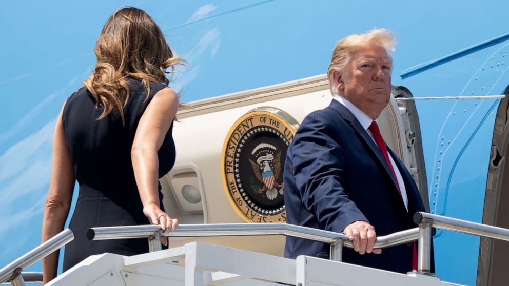 PHOTO: President Donald Trump, with first lady Melania Trump, boards Air Force One at Wright-Patterson Air Force Base in Ohio, Aug. 7, 2019.