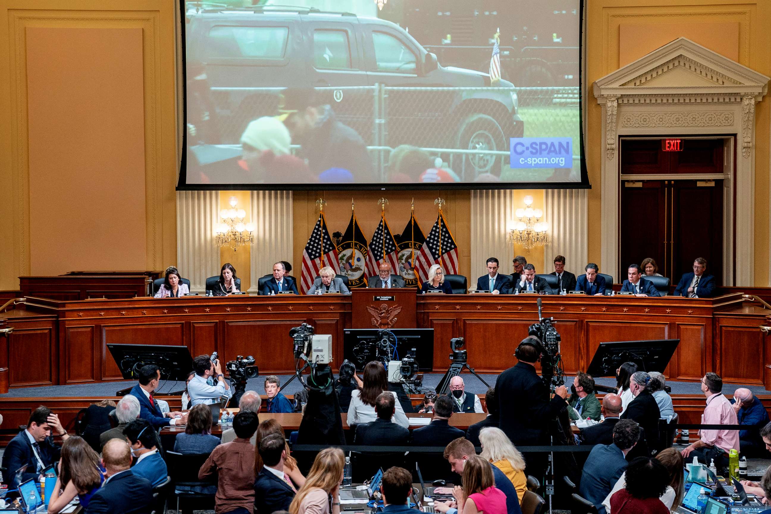 PHOTO: A video of President Trump's motorcade leaving the January 6th rally on the Ellipse is displayed as Cassidy Hutchinson testifies in a public hearing of the House Select Committee investigating the January 6 Attack on Capitol, June 28, 2022.