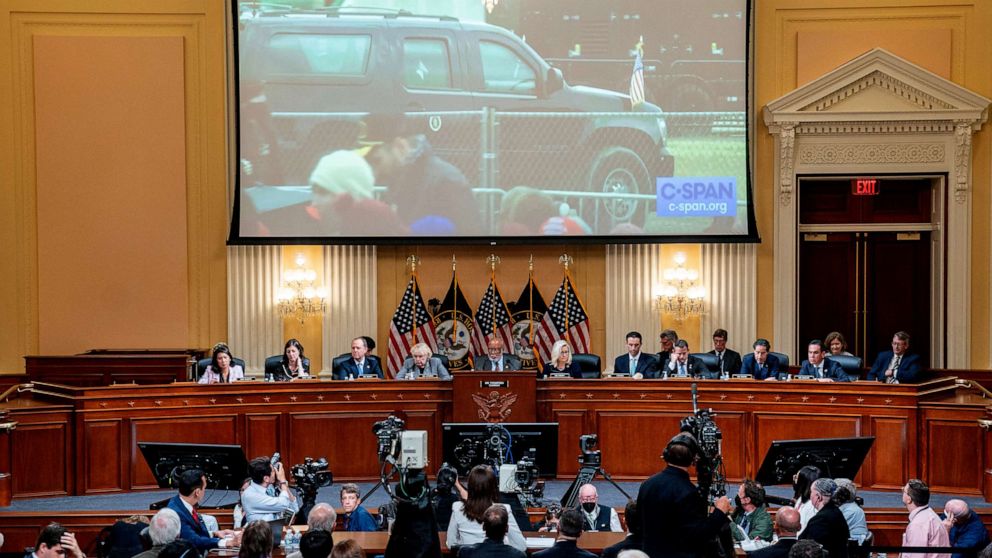 PHOTO: A video of President Trump's motorcade leaving the January 6th rally on the Ellipse is displayed as Cassidy Hutchinson testifies in a public hearing of the House Select Committee investigating the January 6 Attack on Capitol, June 28, 2022.