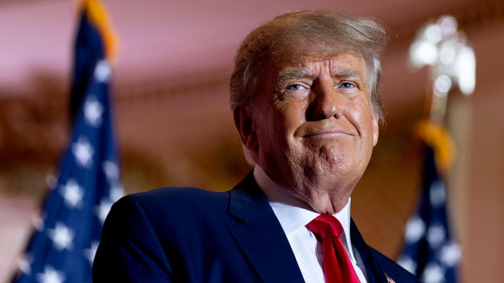 PHOTO: FILE - Former President Donald Trump announces he is running for president for the third time as he smiles while speaking at Mar-a-Lago in Palm Beach, Fla., Nov. 15, 2022.
