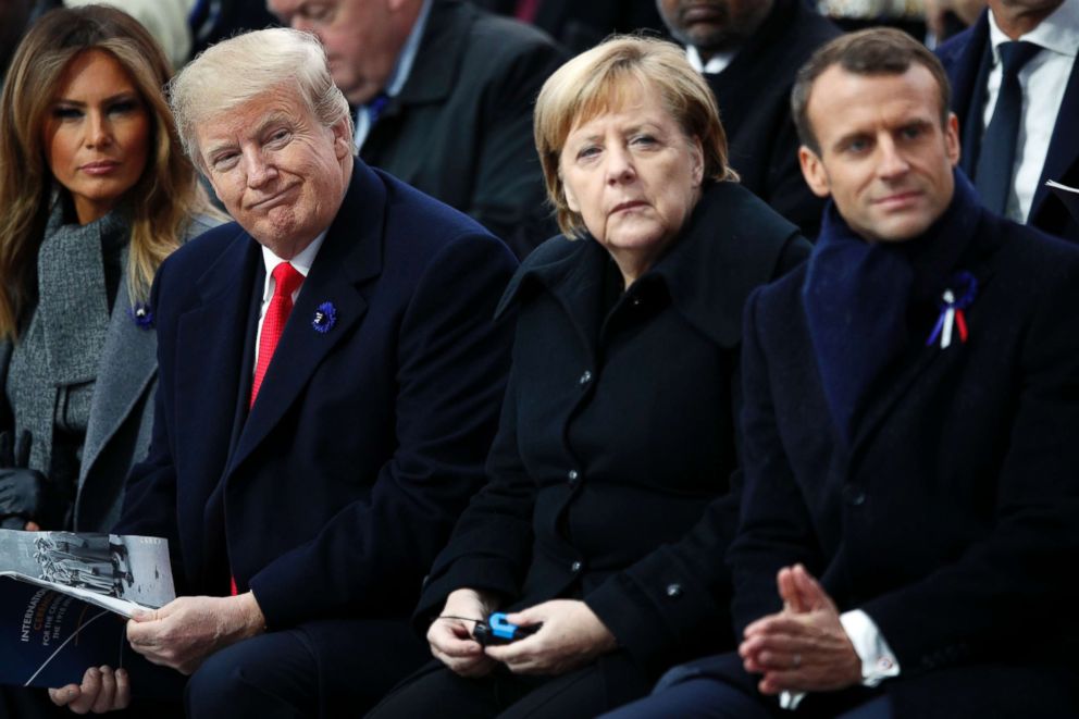 PHOTO: President Donald Trump, German Chancellor Angela Merkel and French President Emmanuel Macron attend ceremonies at the Arc de Triomphe, Nov. 11, 2018, in Paris.