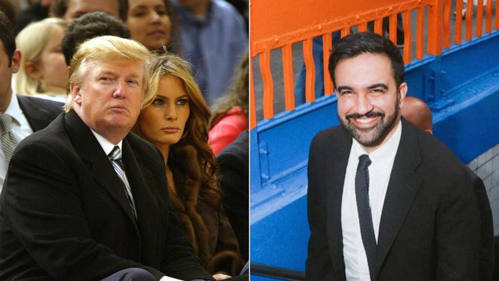 PHOTO: Donald Trump sit courtside during a New York Knicks game at Madison Square Garden in New York, March 15, 2005. | In this photo posted on June 5, 2026, Mayor Zohran Mamdani exits the subway station near Madison Square Garden in New York. 
