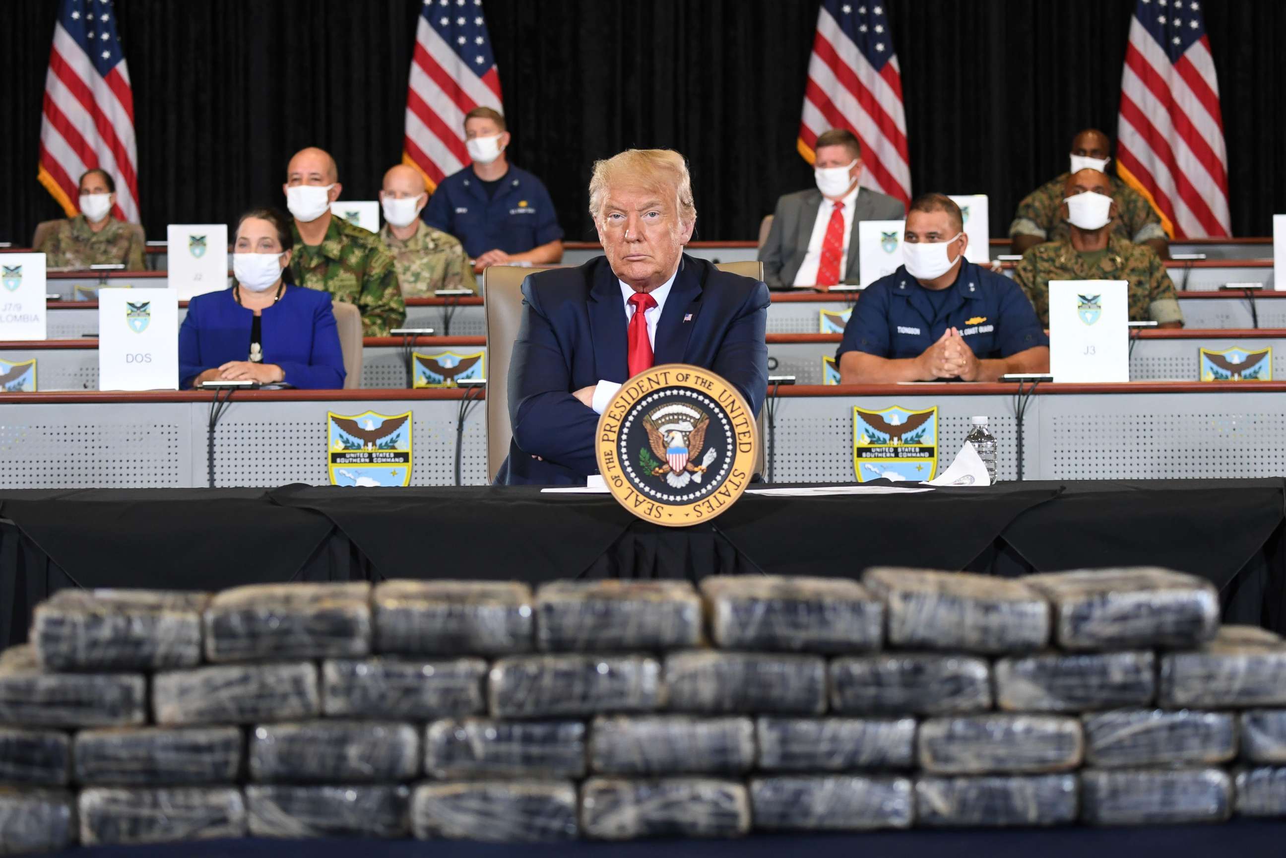 PHOTO: President Donald Trump attends a briefing on Enhanced Narcotics Operations at the US Southern Command in Doral, Florida, on July 10, 2020.