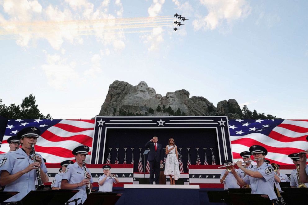 PHOTO: An aerial flypast takes place as President Donald Trump and first lady Melania Trump attend South Dakota's American Independence Day Mount Rushmore fireworks celebrations in Keystone, South Dakota, July 3, 2020.