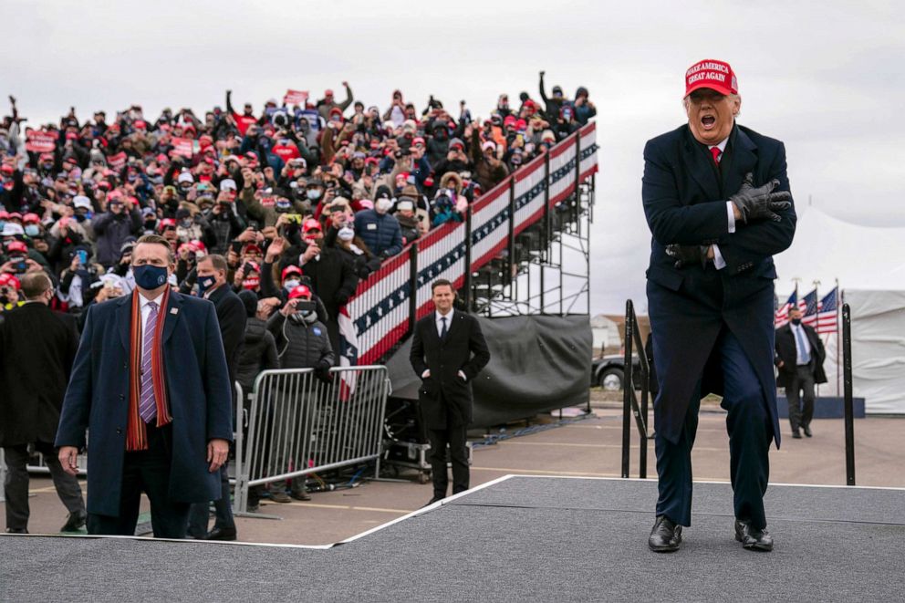 PHOTO: President Donald Trump takes the stage for a rally at Oakland County International Airport, Nov. 1, 2020, in Waterford Township, Mich.