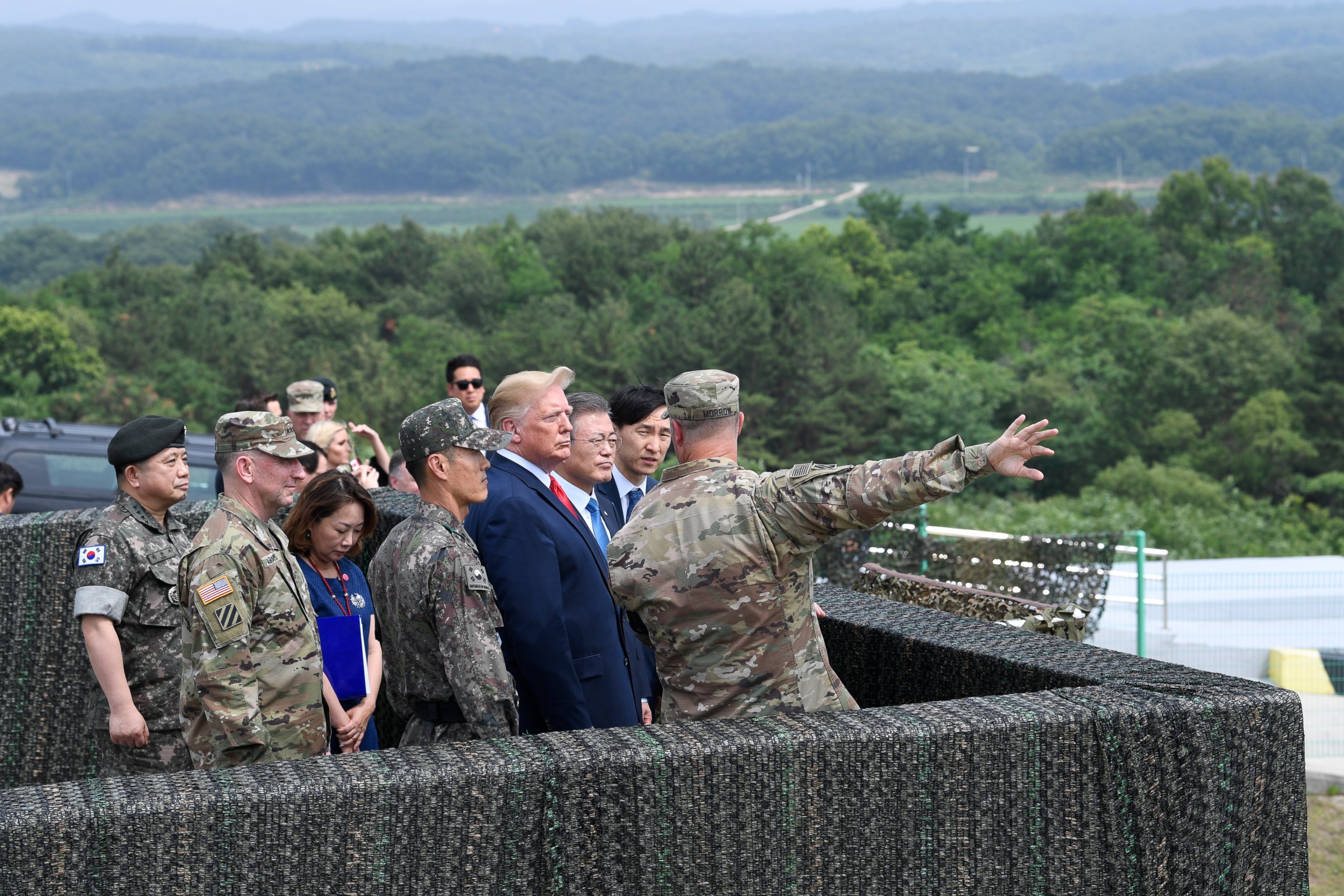 PHOTO: President Donald Trump views North Korea from the Korean Demilitarized Zone from Observation Post Ouellette at Camp Bonifas in South Korea, Sunday, June 30, 2019.