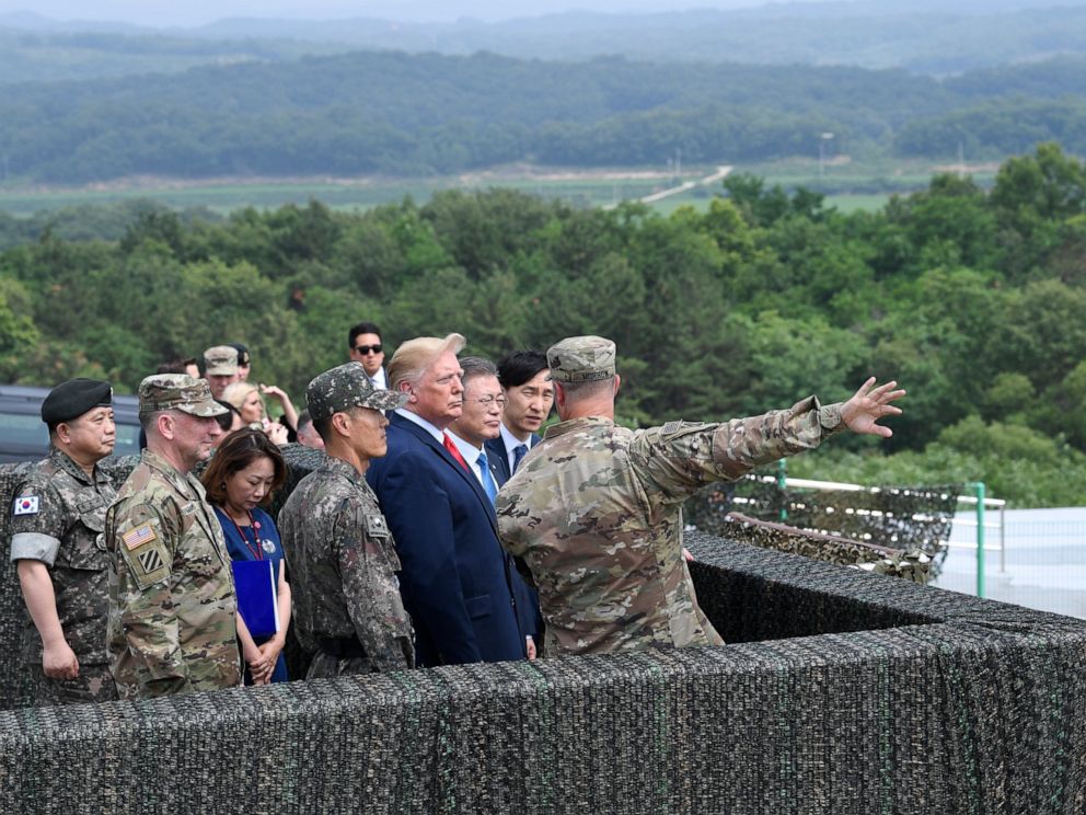PHOTO: President Donald Trump views North Korea from the Korean Demilitarized Zone from Observation Post Ouellette at Camp Bonifas in South Korea, Sunday, June 30, 2019.