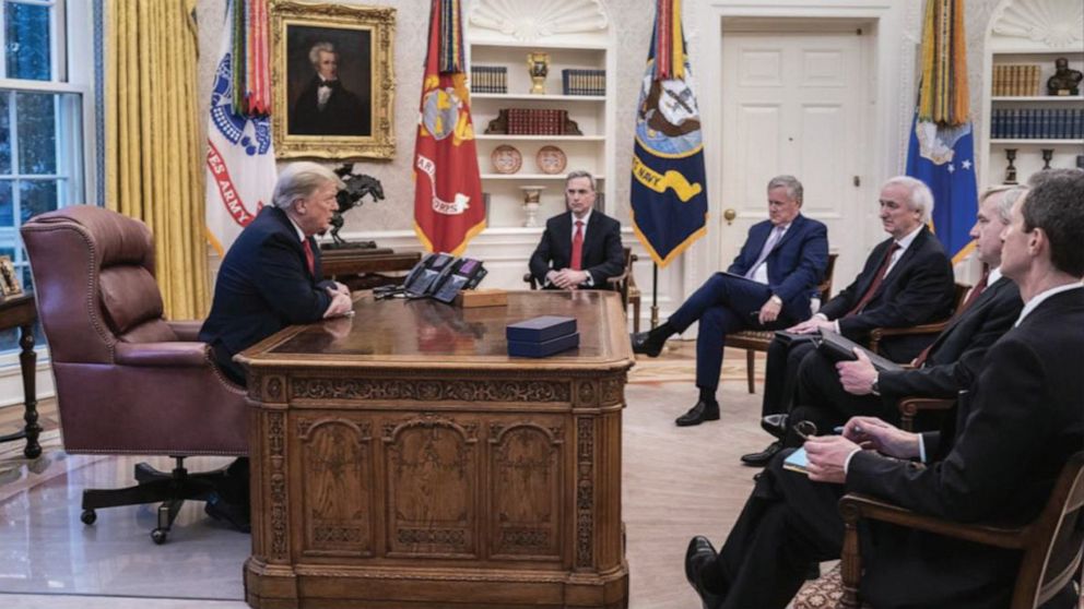 PHOTO: President Donald Trump meets with White House Counsel Pat Cipollone, Chief of Staff Mark Meadows, Acting Attorney General Jeff Rosen, Acting Deputy Attorney General Richard Donoghue, and Deputy White House Counsel Pat Philbin, Dec. 31, 2020.