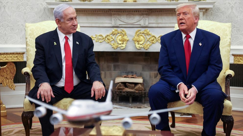 PHOTO: President Donald Trump meets with Israeli Prime Minister Benjamin Netanyahu in the Oval Office at the White House in Washington, April 7, 2025.