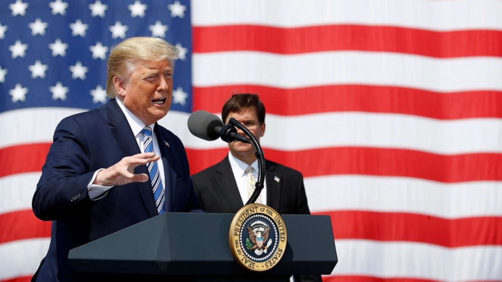 PHOTO:President Donald Trump speaks in front of the USNS Comfort at Naval Station Norfolk, in Norfolk, Va., March 28, 2020.