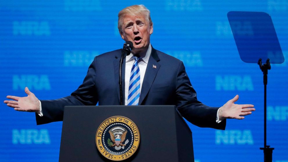 PHOTO: Donald Trump gestures before he speaks at a National Rifle Association (NRA) convention in Dallas, Texas, May 4, 2018.