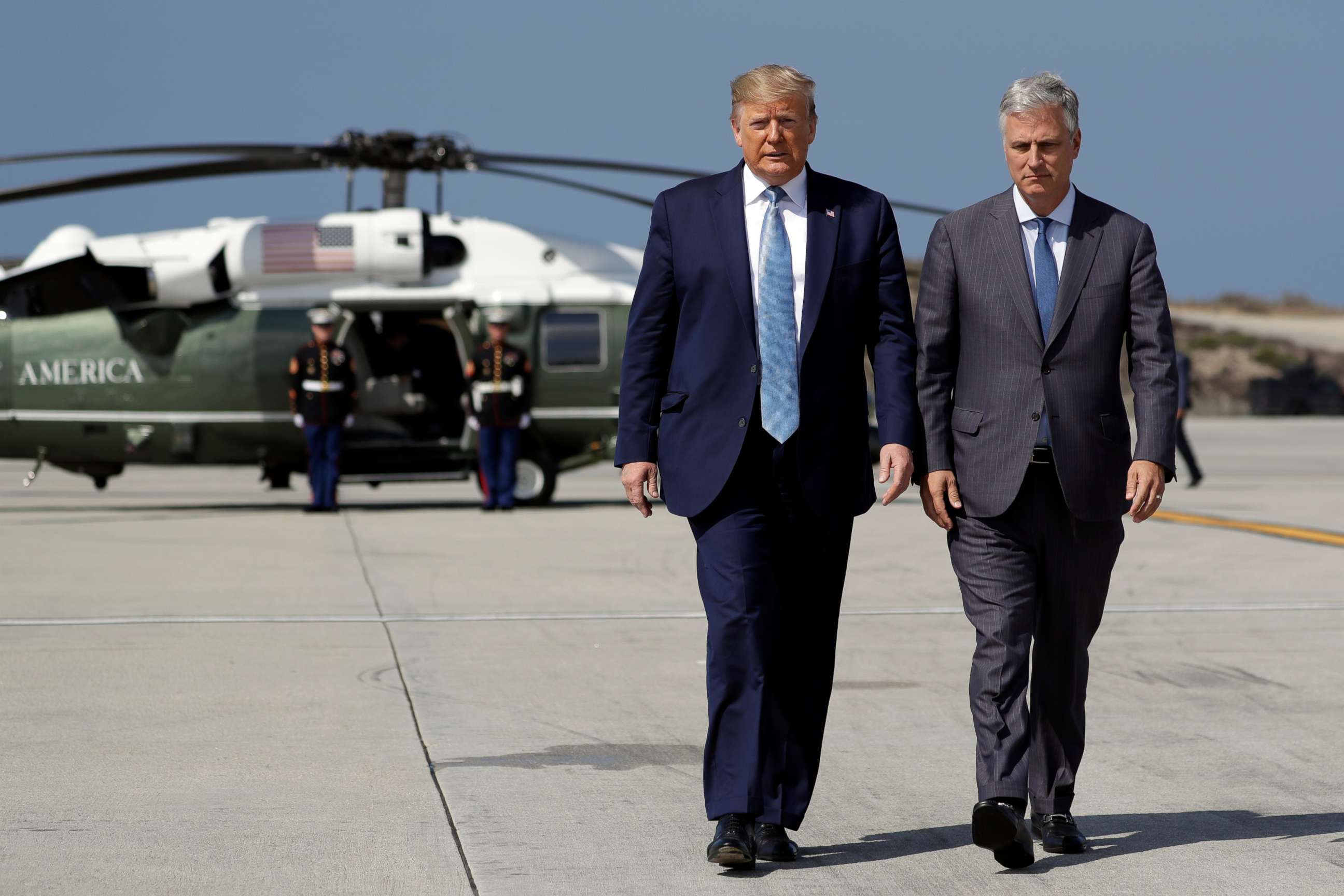 PHOTO: President Donald Trump and Robert O'Brien, just named as the new national security adviser, walk to speak to the media before boarding Air Force One at Los Angeles International Airport, Sept. 18, 2019, in Los Angeles.