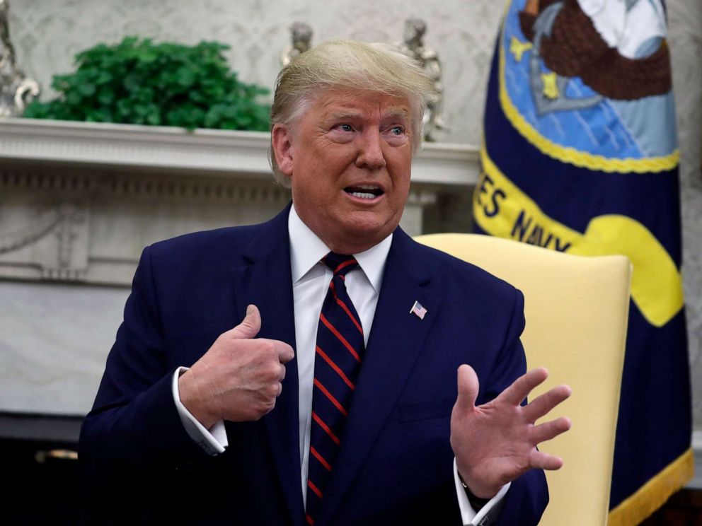 PHOTO: President Donald Trump speaks during a meeting with Finnish President Sauli Niinisto in the Oval Office of the White House, Wednesday, Oct. 2, 2019, in Washington.