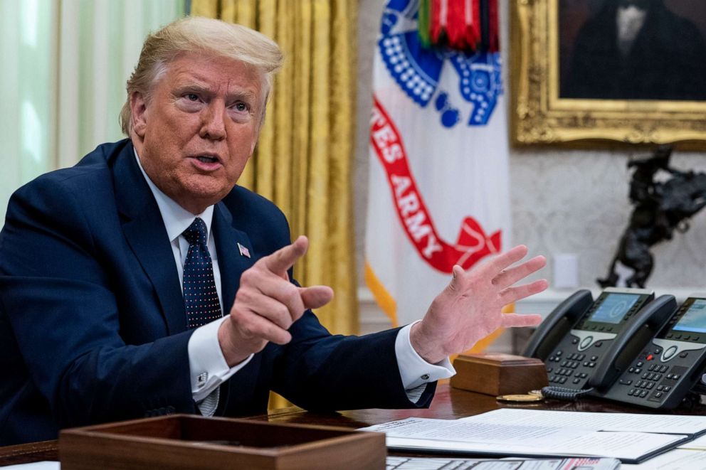 PHOTO: President Donald Trump speaks in the Oval Office before signing an executive order related to regulating social media on May 28, 2020, in Washington, DC.