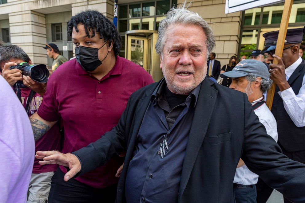 PHOTO: FILE - Former White House senior strategist Stephen Bannon leaves the Federal District Court House after being found guilty of being in contempt of Congress, July 22, 2022 in Washington, DC.
